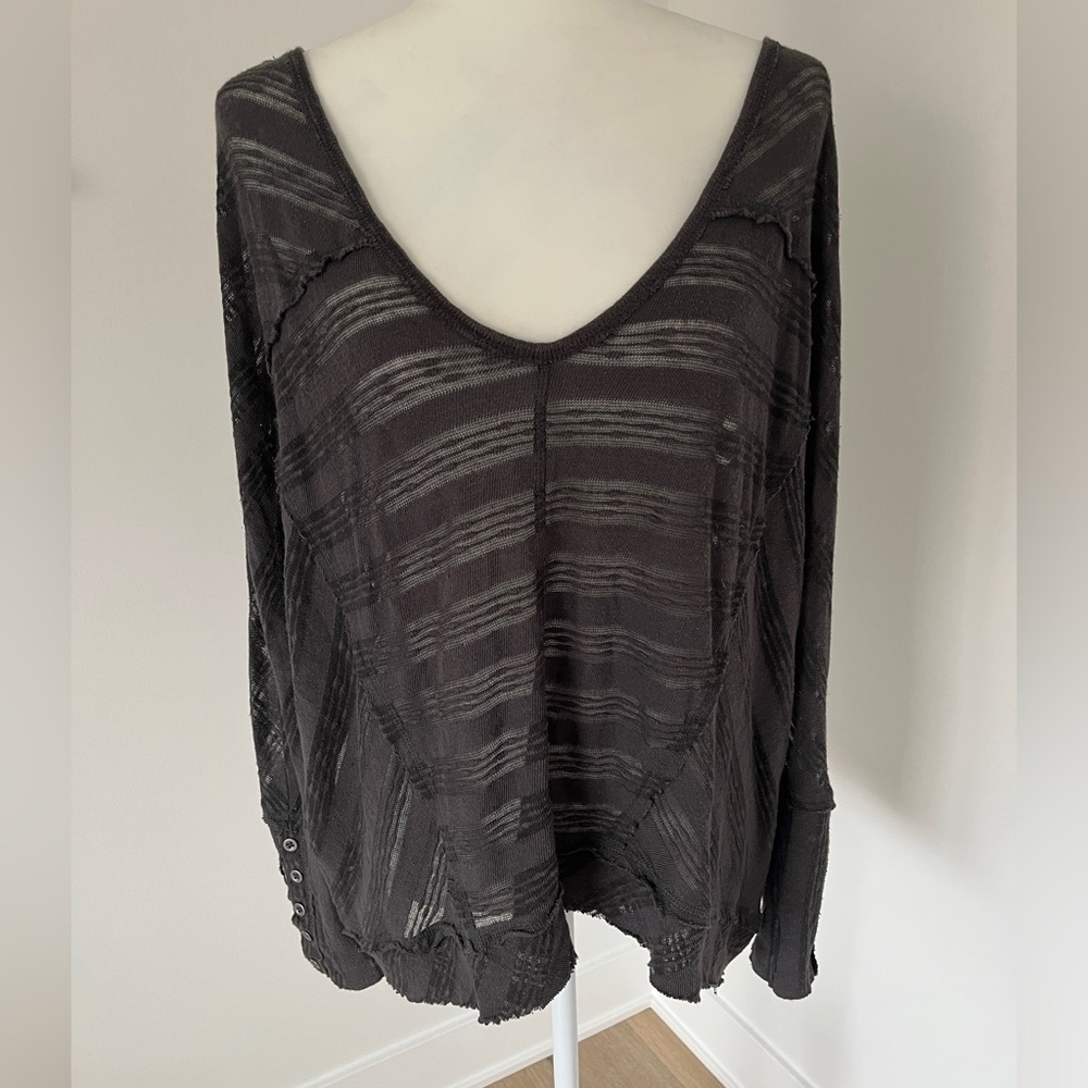 Free People Oversized Pullover Button Sleeve Sweater knit Y2K Gray Sz XS*A17